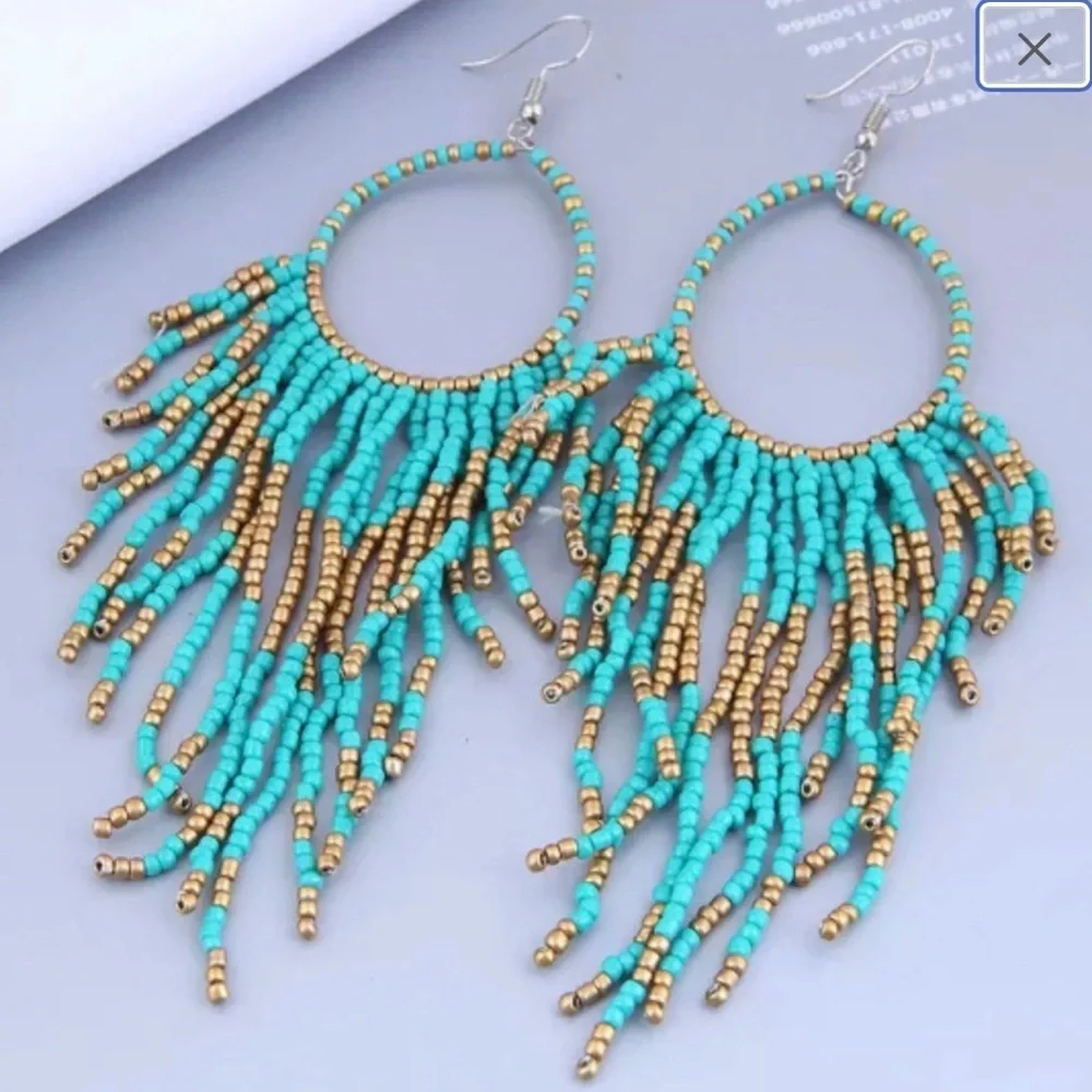Boho Bliss: Teal & Gold Beaded Dangle Earrings to Dazzle Your Style! NWT